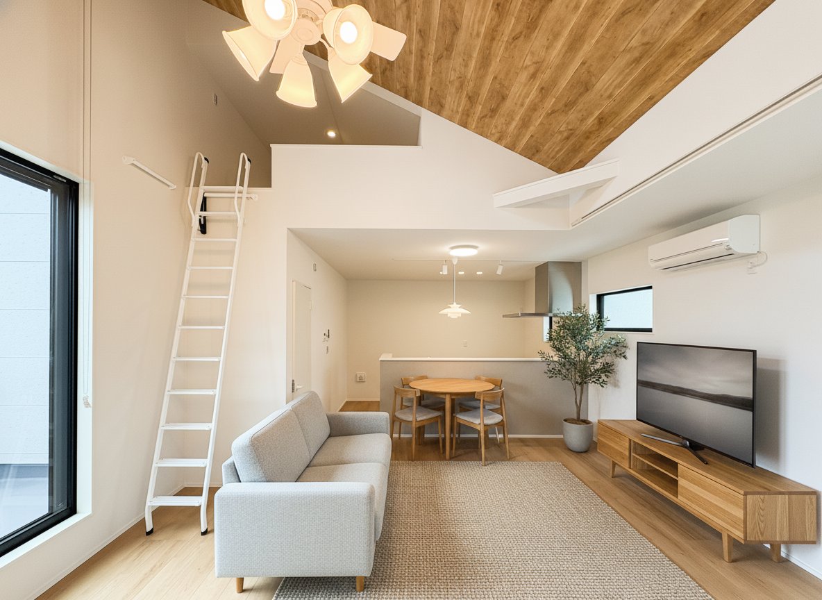 葛飾区東金町8丁目の新築住宅｜勾配天井とロフトのあるLDK