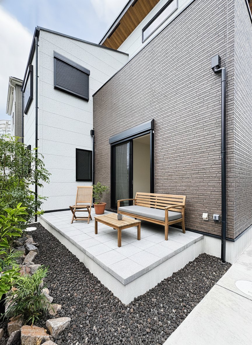 葛飾区東金町8丁目の新築住宅｜リビングから続くタイルテラス
